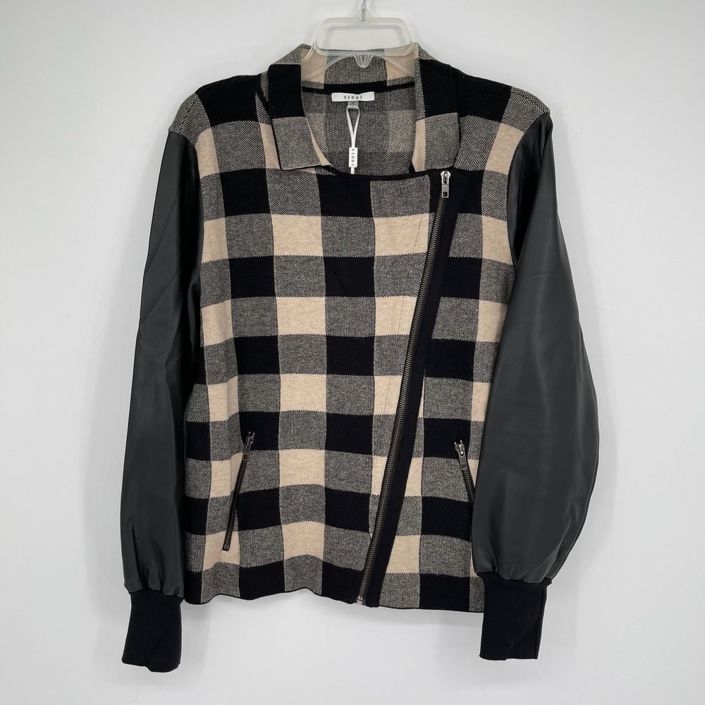 Sioni NWT Women's Black Buffalo Plaid Faux Leather Sleeve Moto Jacket Size M